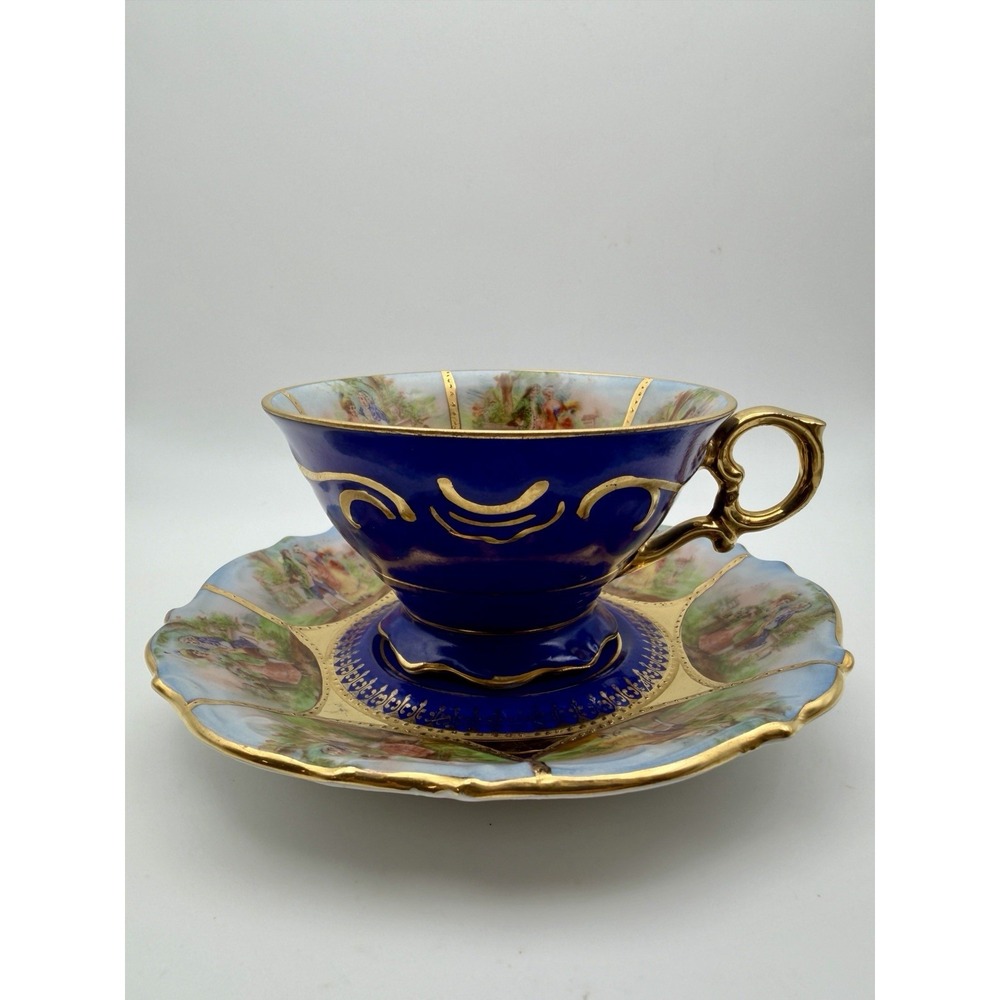 VTG JKW Carlsbad Cobalt Blue Gold Teacup Saucer Josef Kuba Fragonard Love Story